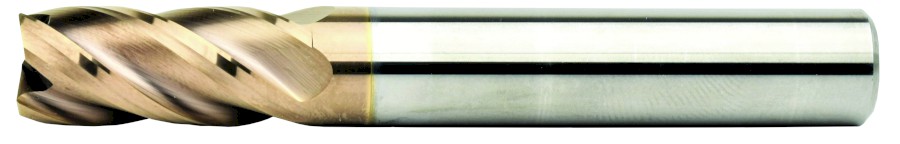 Karbidová monolitní fréza  mm. Na kalené oceli. 4 břitá, drážka 35°-38° , dlouhá, nestejné dělení, do středu , rohová fazetka, stopka h6, DIN6527, TiSiN